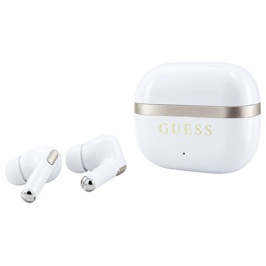 Guess Glossy Gold Line Printed Classic Logo Bluetooth Handsfree, TWS, White