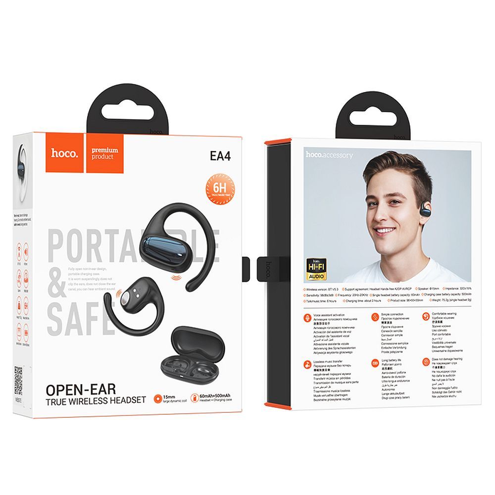 Manos libres Bluetooth HOCO EA4, TWS, Negro