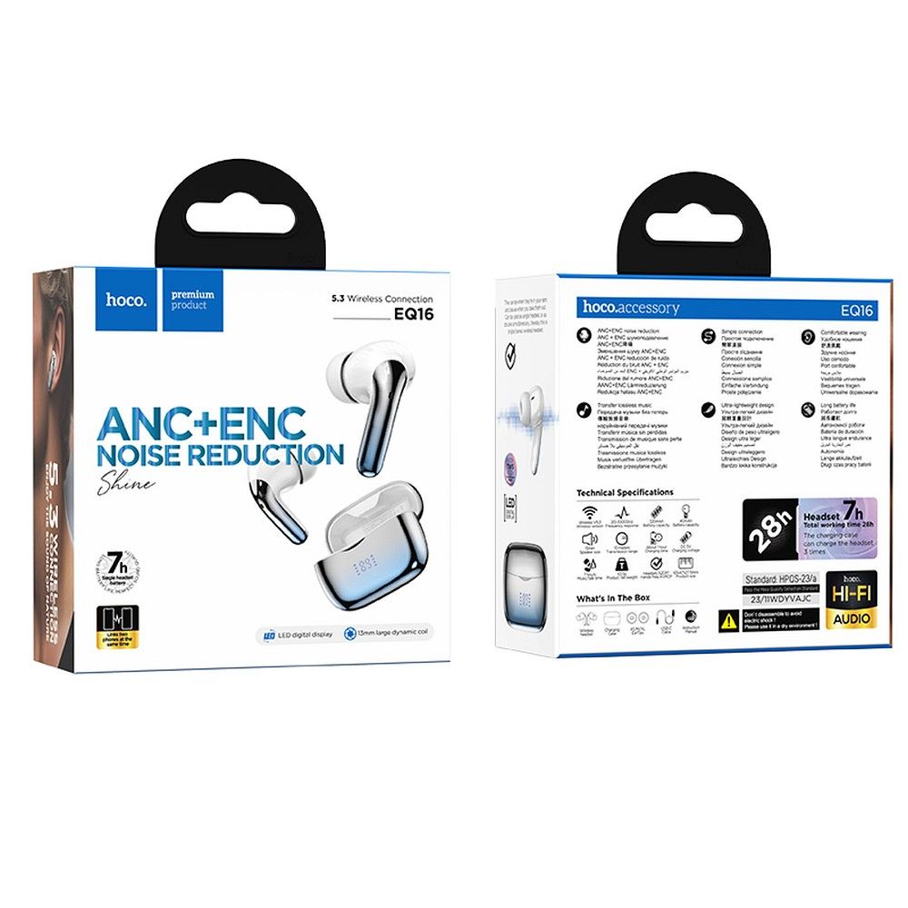 Manos libres Bluetooth HOCO EQ16, TWS, ANC, Azul 