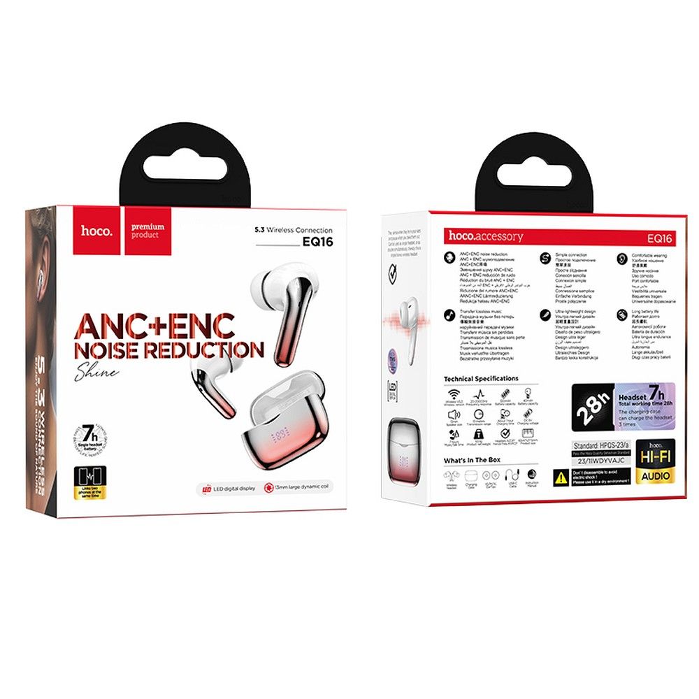 Manos libres Bluetooth HOCO EQ16, TWS, ANC, Rojo 