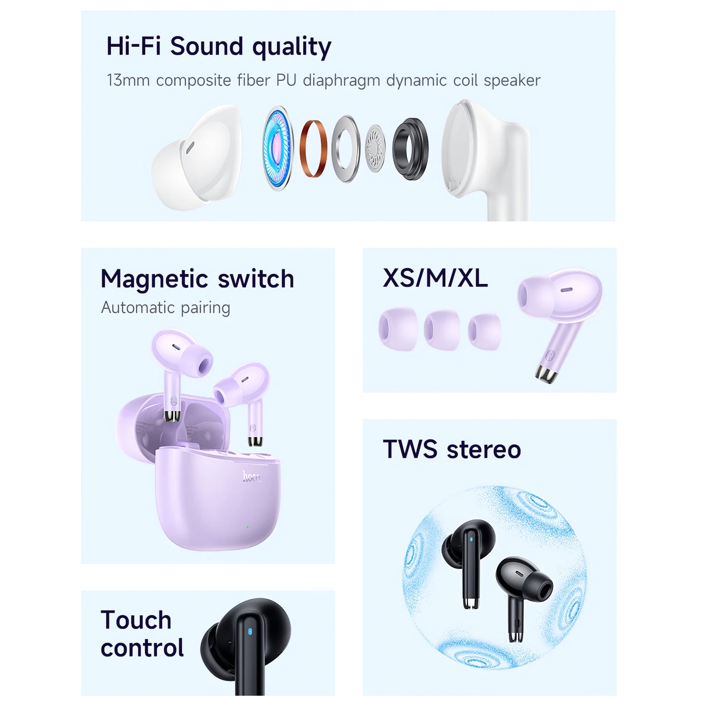 Manos libres Bluetooth HOCO EQ2, TWS, Mov 