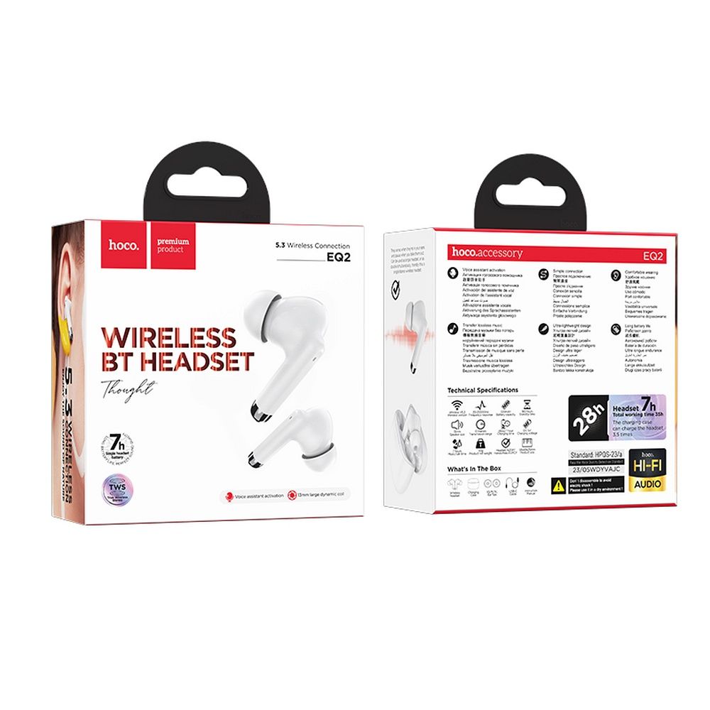 Manos libres Bluetooth HOCO EQ2, TWS, Blanco 