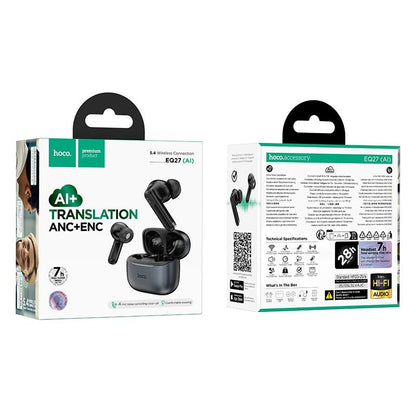 Manos libres Bluetooth HOCO EQ27 AI Traducción, TWS, ANC, Gris