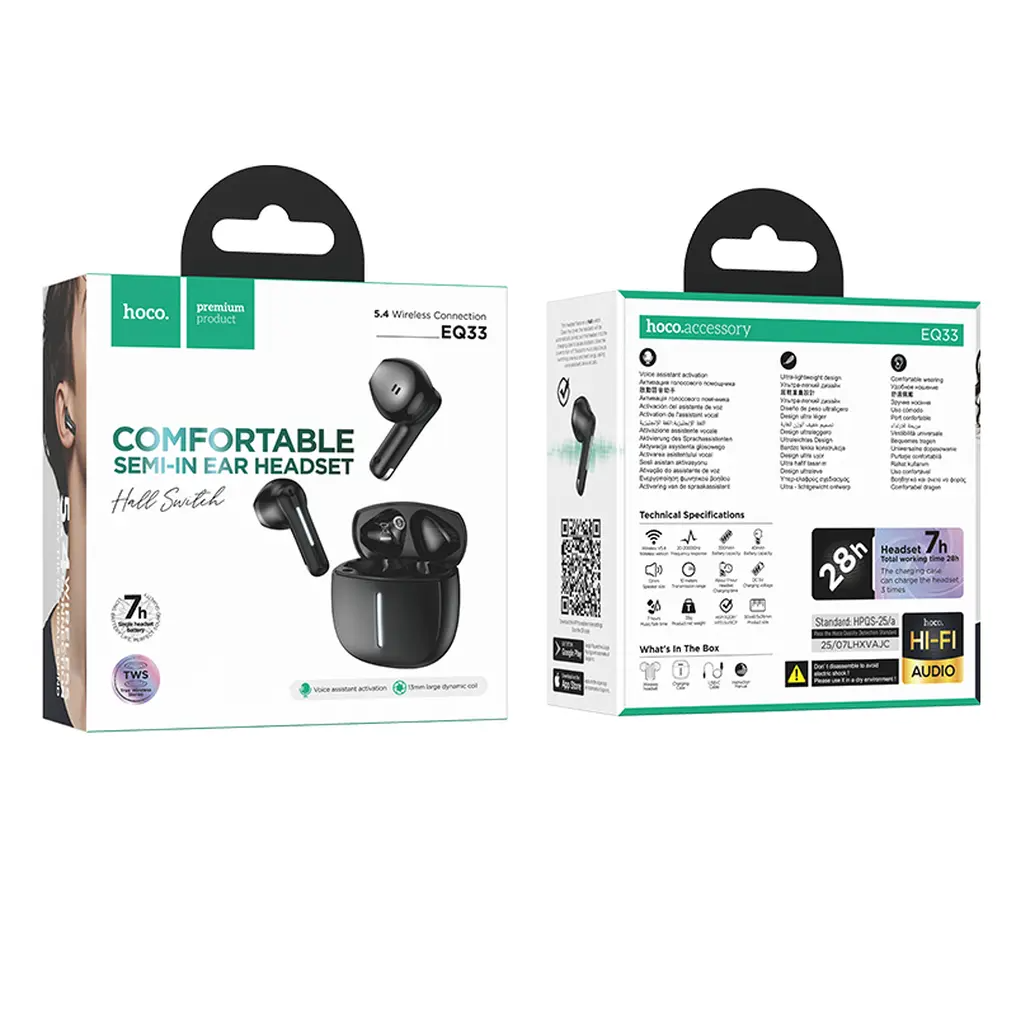Manos libres Bluetooth HOCO EQ33, TWS, Negro
