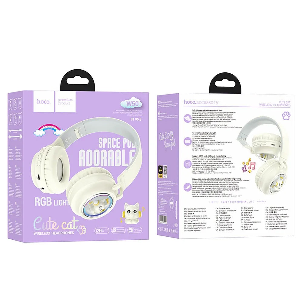 Auriculares Bluetooth HOCO W50 Kids Cute Cat, A2DP, Blanco