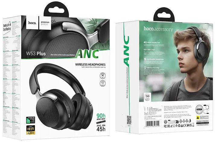 Auriculares Bluetooth HOCO W53 Plus, A2DP, ANC, Negro