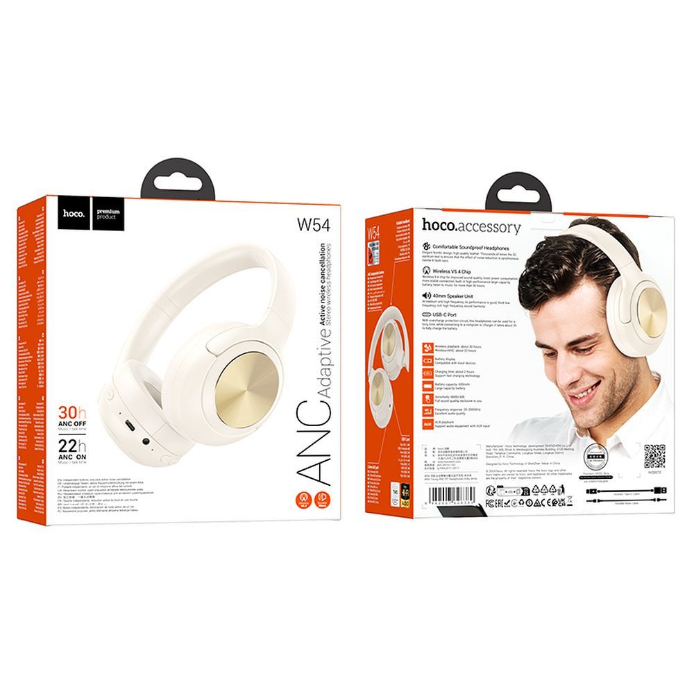 Auriculares Bluetooth HOCO W54, A2DP, ANC, Blanco