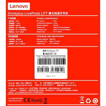 Manos libres Bluetooth Lenovo LivePods LP7, TWS, Blanco 