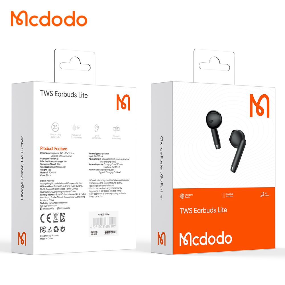 Handsfree Bluetooth McDodo HP-8031 B01, TWS, Negro