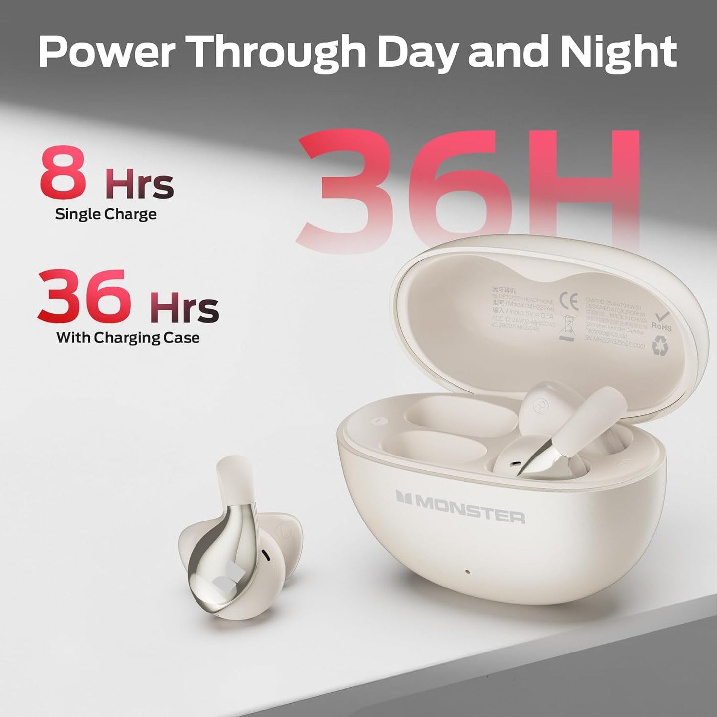 Manos libres Bluetooth Monster AC225, TWS, Crema Claro
