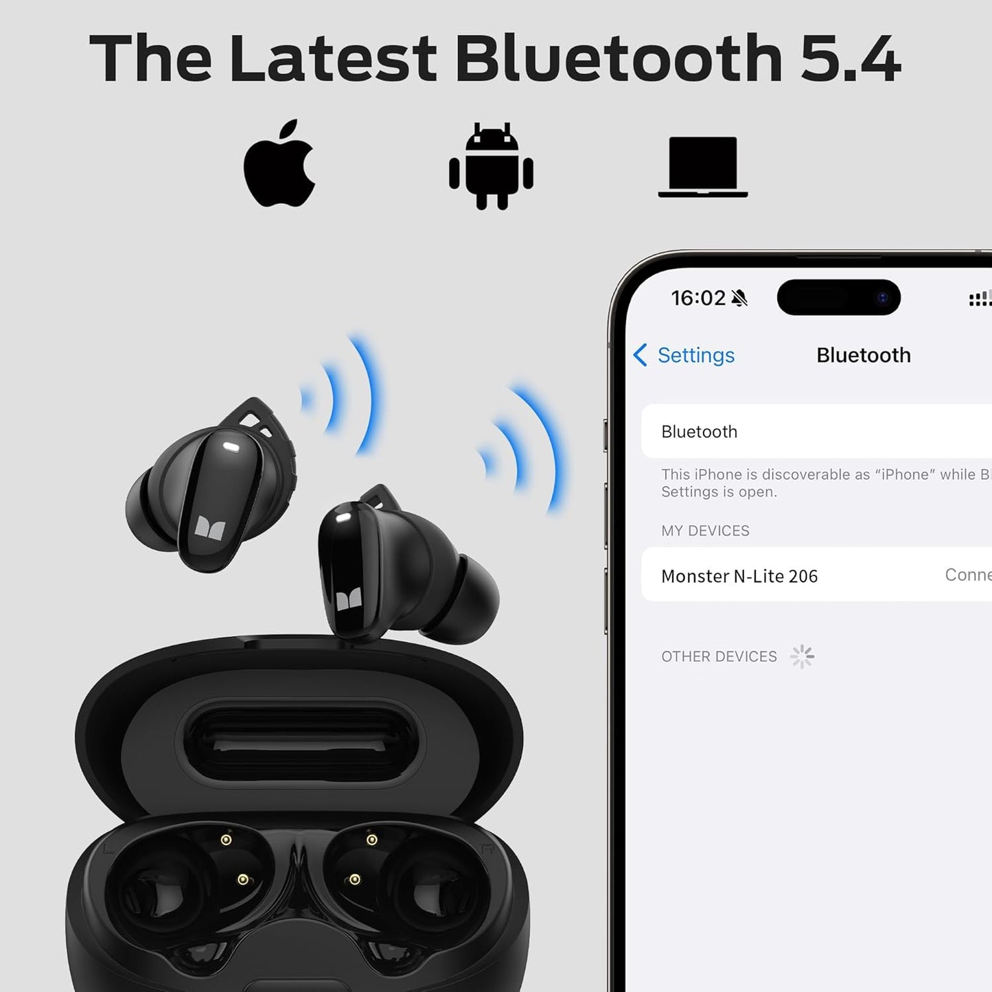 Manos libres Bluetooth Monster N-Lite 206, TWS, Negro