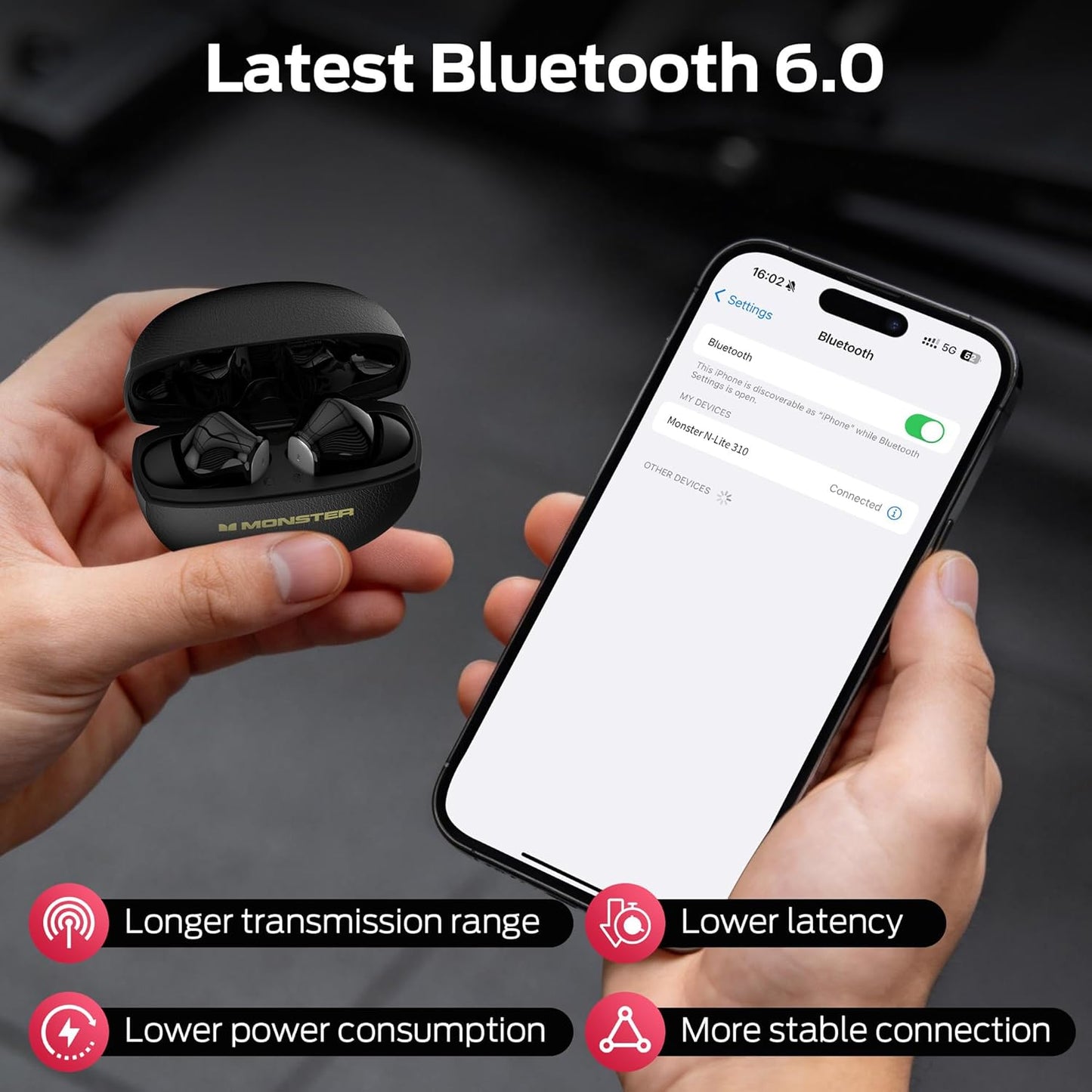 Manos libres Bluetooth Monster N-Lite 310, TWS, Negro