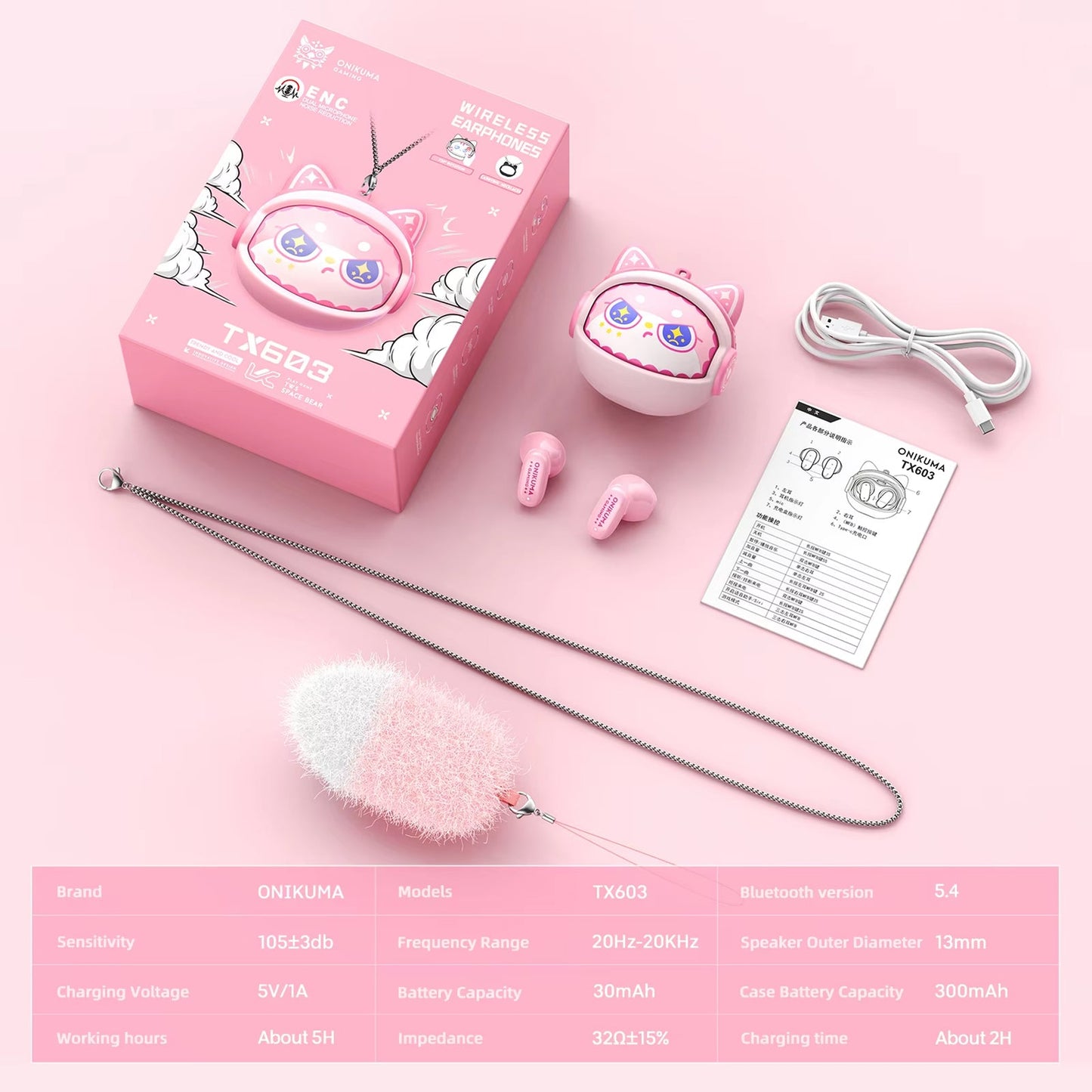 Manos libres Bluetooth Onikuma TX603, TWS, Rosa