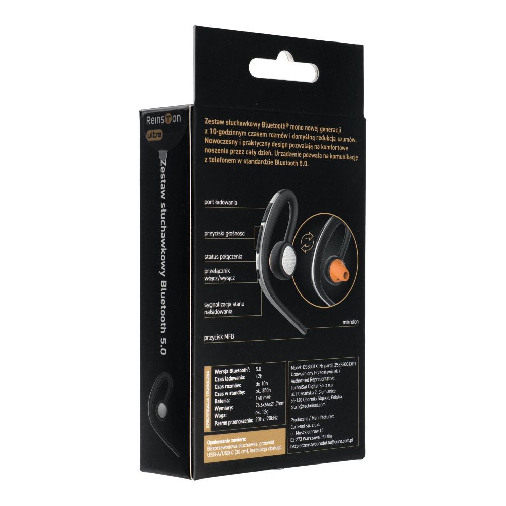 Manos libres Bluetooth Reinston ESB001X, MultiPoint, A2DP, Negro