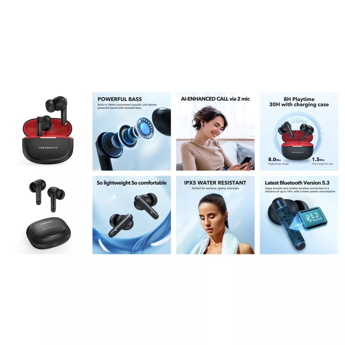 Manos libres Bluetooth TaoTronics TT-BH1120, TWS, Negro