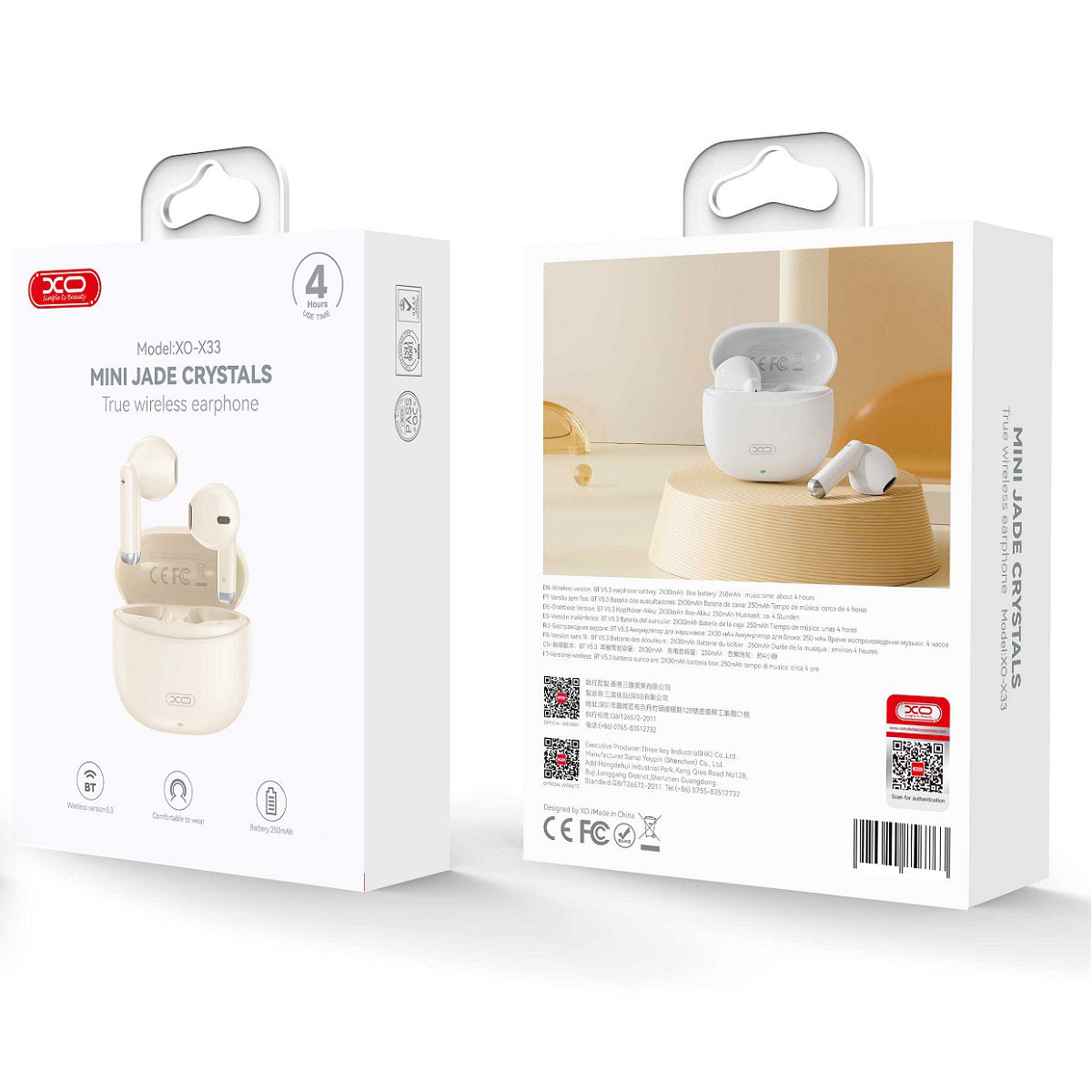 Manos libres Bluetooth XO Design X33, TWS, Beige 