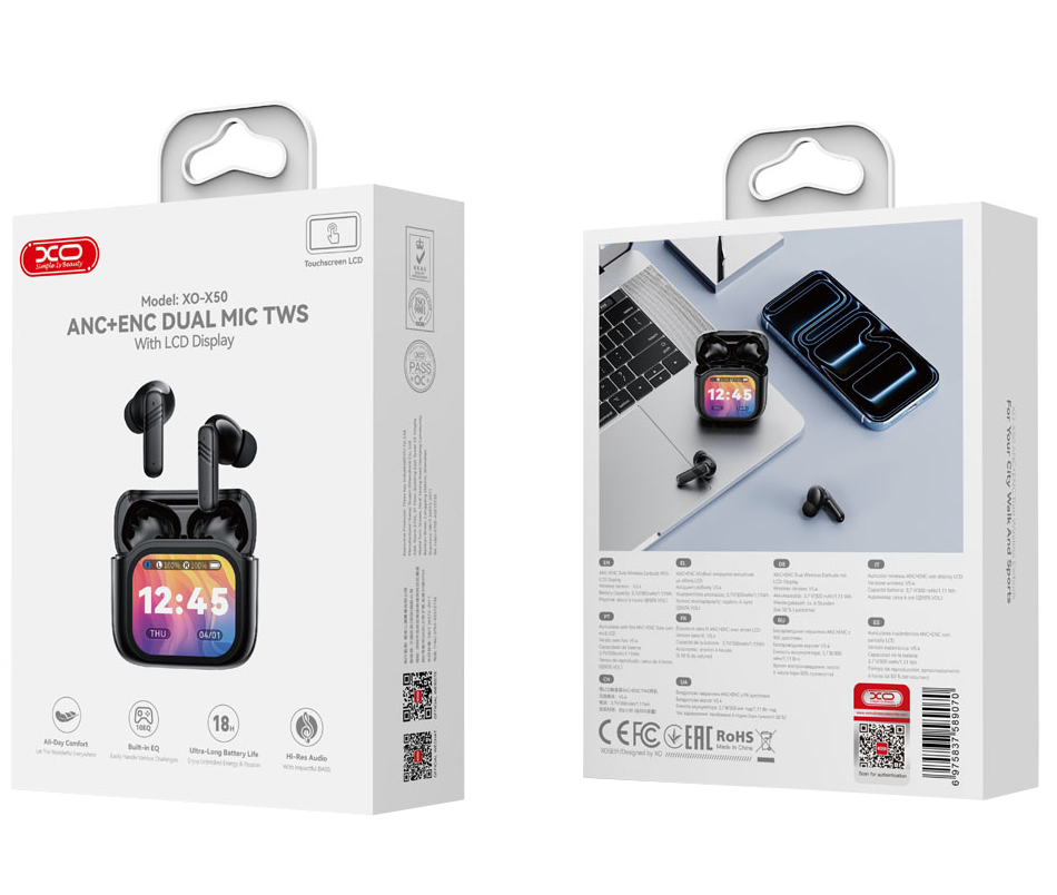 Manos libres Bluetooth XO Design X50, TWS, ANC, Negro