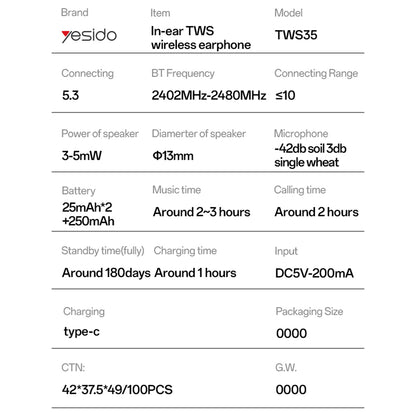 Handsfree Bluetooth Yesido TWS35, TWS, Blanco