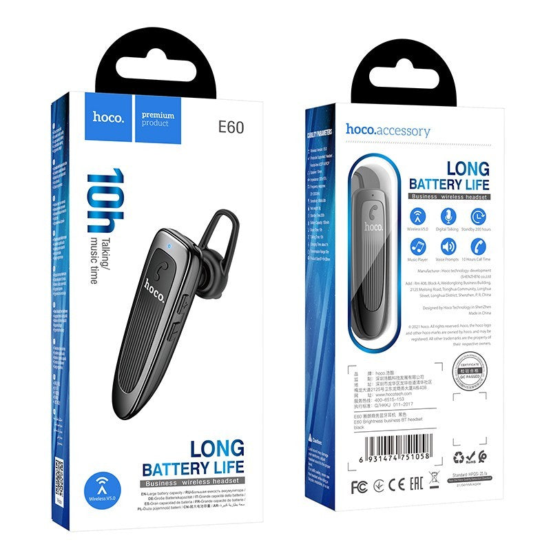 Manos libres Bluetooth HOCO E60 Brightness, A2DP, Negro
