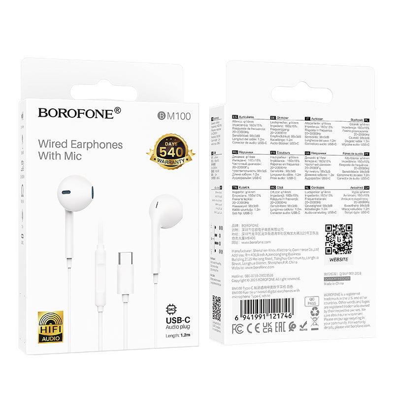 Manos libres USB-C Borofone BM100 Fuente, Blanco