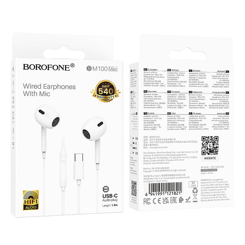 Manos libres USB-C Borofone BM100 Max Fuente, Blanco