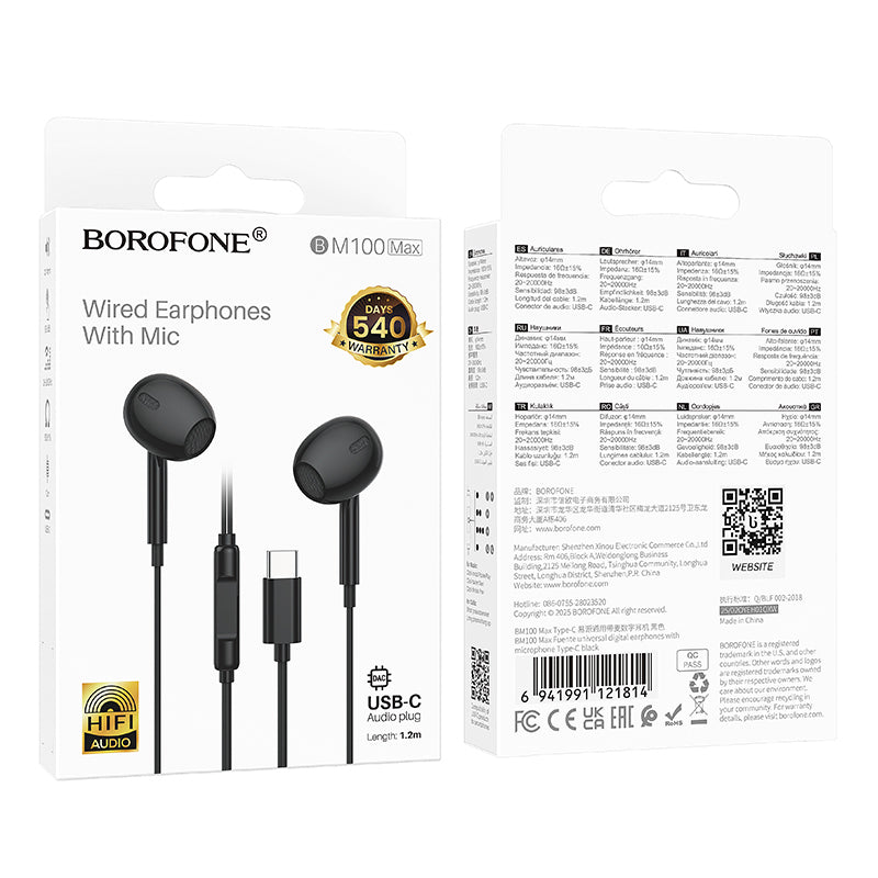 Manos libres USB-C Borofone BM100 Max Fuente, Negro