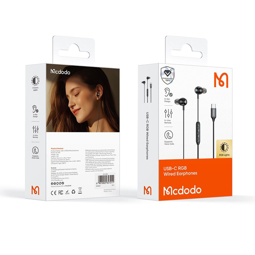 Handsfree USB-C McDodo HP-5830, 1.2m, Negro