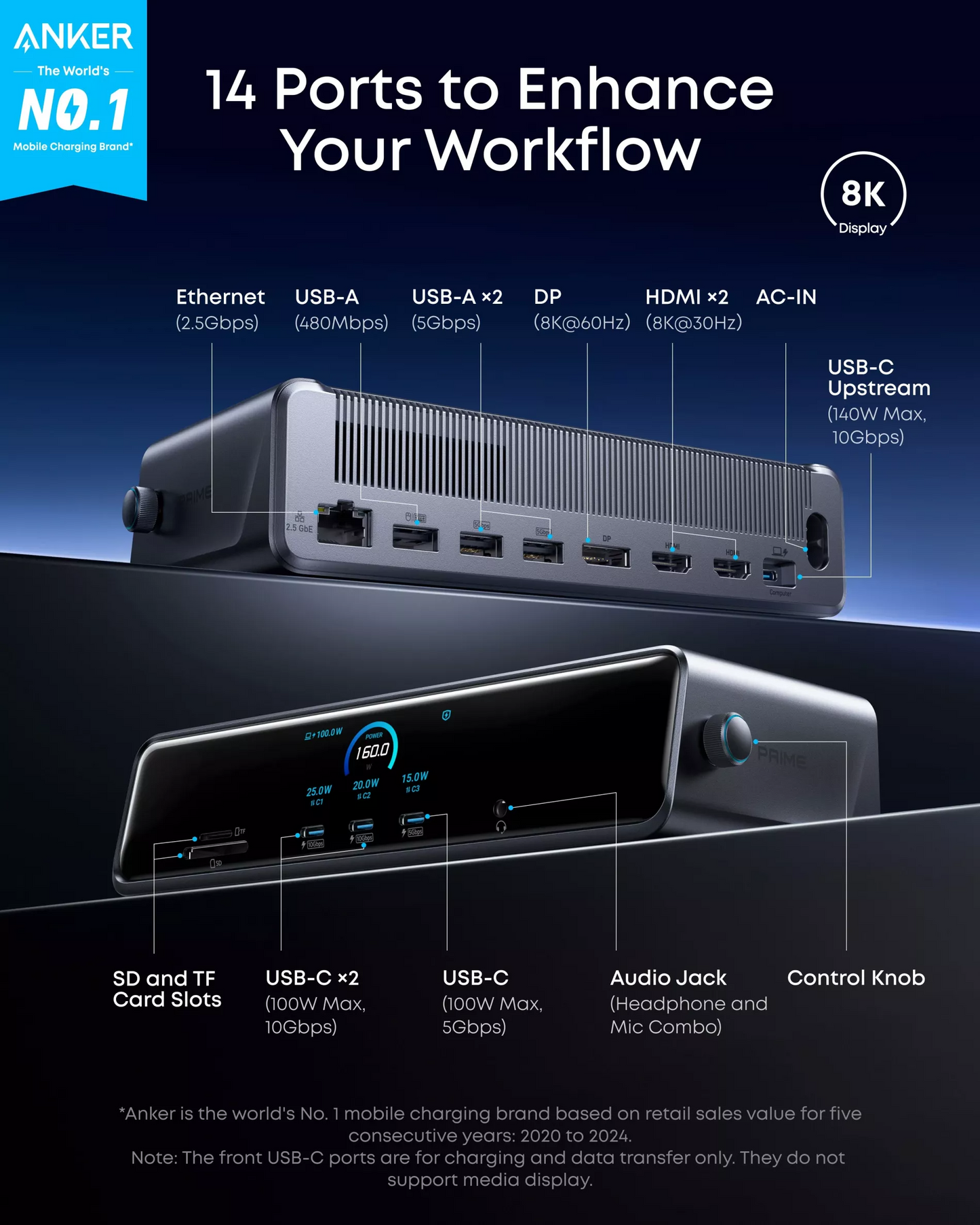 Hub Multifuncional Anker Prime, 3 x USB-A - 4 x USB-C - 1 x Display Port - 2 x HDMI - 1 x Jack 3.5mm - 1 x RJ45 - 1 x SD - 1 x microSD, Gris A83B33A1