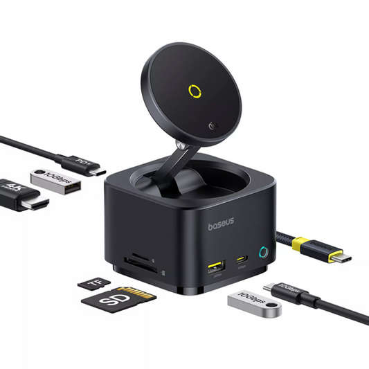 Hub Multifuncional Baseus MagPro II 7en1, 1 x USB-A - 2 x USB-C - 1 x HDMI - 1 x QI - 1 x SD - 1 x microSD, Negro Reacondicionado B00072900121-00