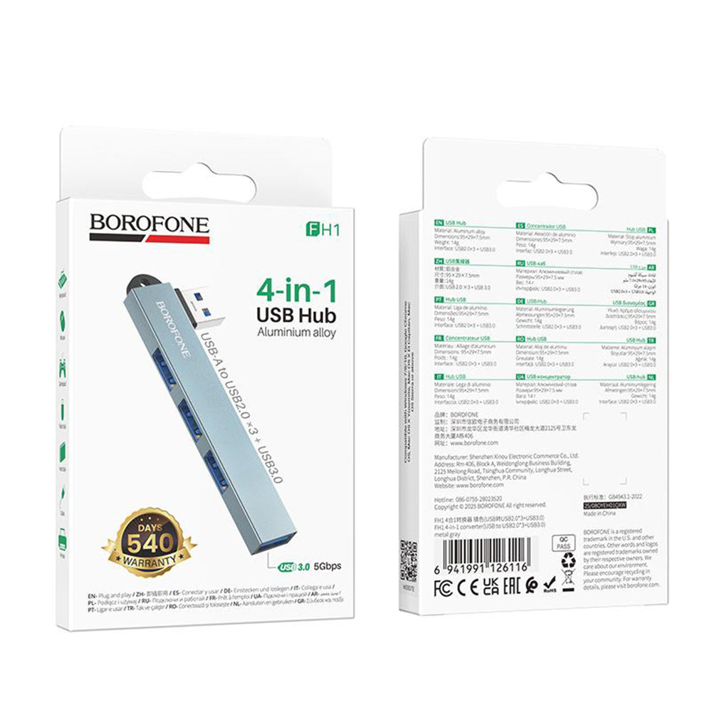 Hub USB Borofone FH1, 4en1, Gris