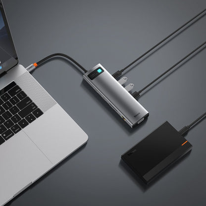 Hub USB-C Baseus Metal Gleam, 3 x USB-A 3.0 - 1 x USB-C - 2 x HDMI - 1 x VGA - 1 x Jack 3.5mm - 1 x RJ45 - 1 x SD - 1 x microSD, Gris CAHUB-CT0G
