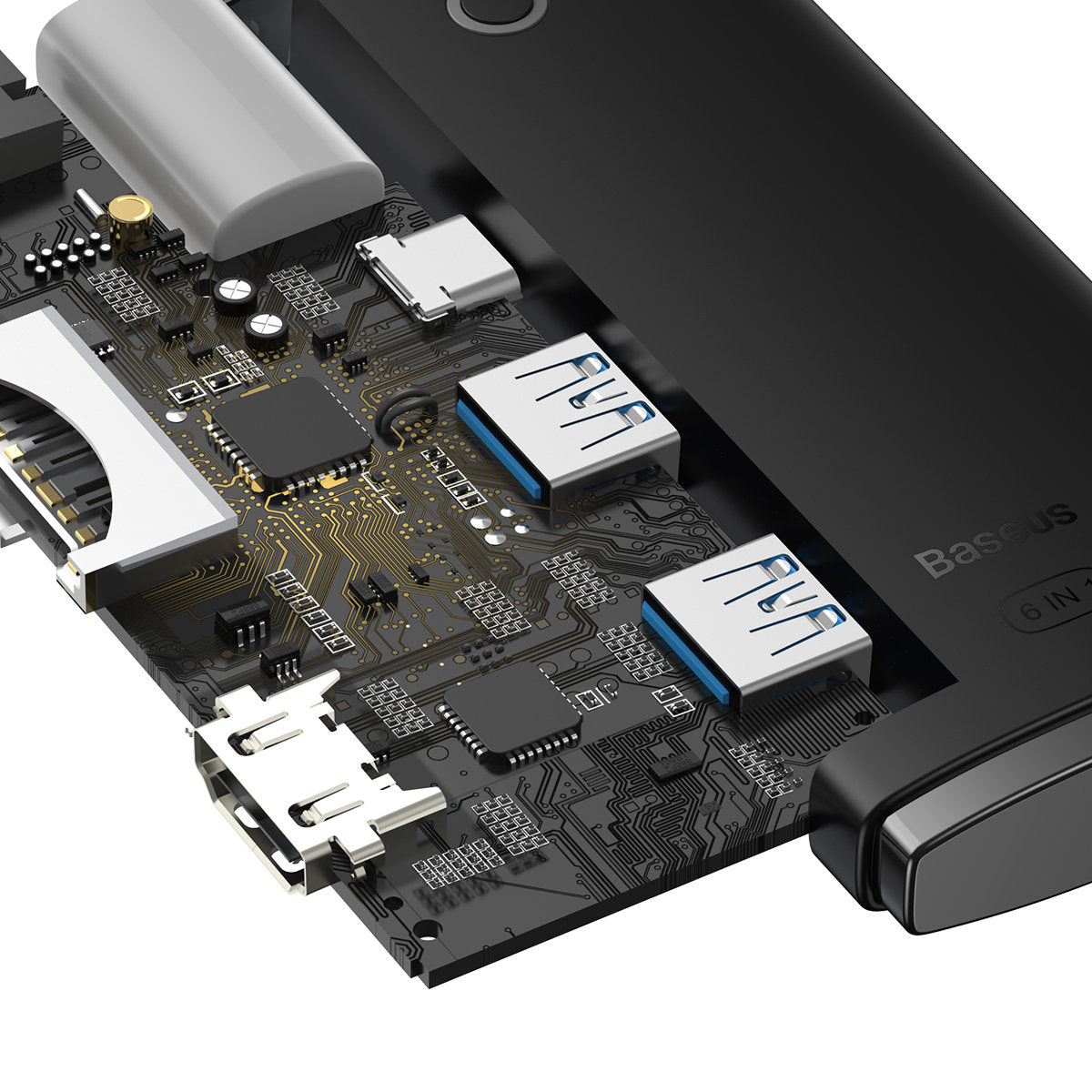 Hub USB-C Baseus, 2 x USB-A 3.0 - 1 x USB-C - 1 x HDMI - 1 x SD - 1 x microSD, Negro WKQX050001