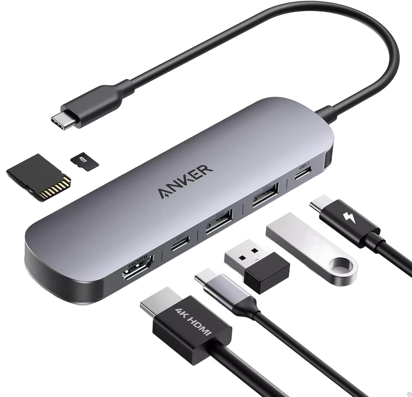 Hub USB-C Anker, 2 x USB-A 3.0 - 2 x USB-C - 1 x HDMI - 1 x SD - 1 x microSD, Gris A83D2HA1