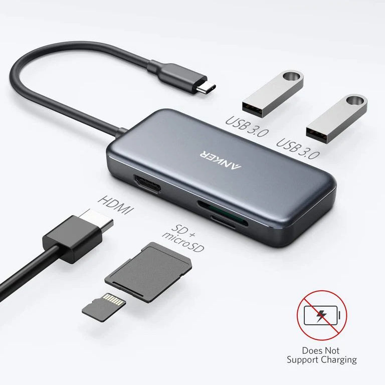 Hub USB-C Anker, 2 x USB-A 3.0 - 1 x HDMI - 1 x SD - 1 x microSD, Negro A8334HA1