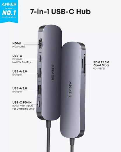 Hub USB-C Anker, 2 x USB-A 3.0 - 2 x USB-C - 1 x HDMI - 1 x SD - 1 x microSD, Gris A83D2HA1