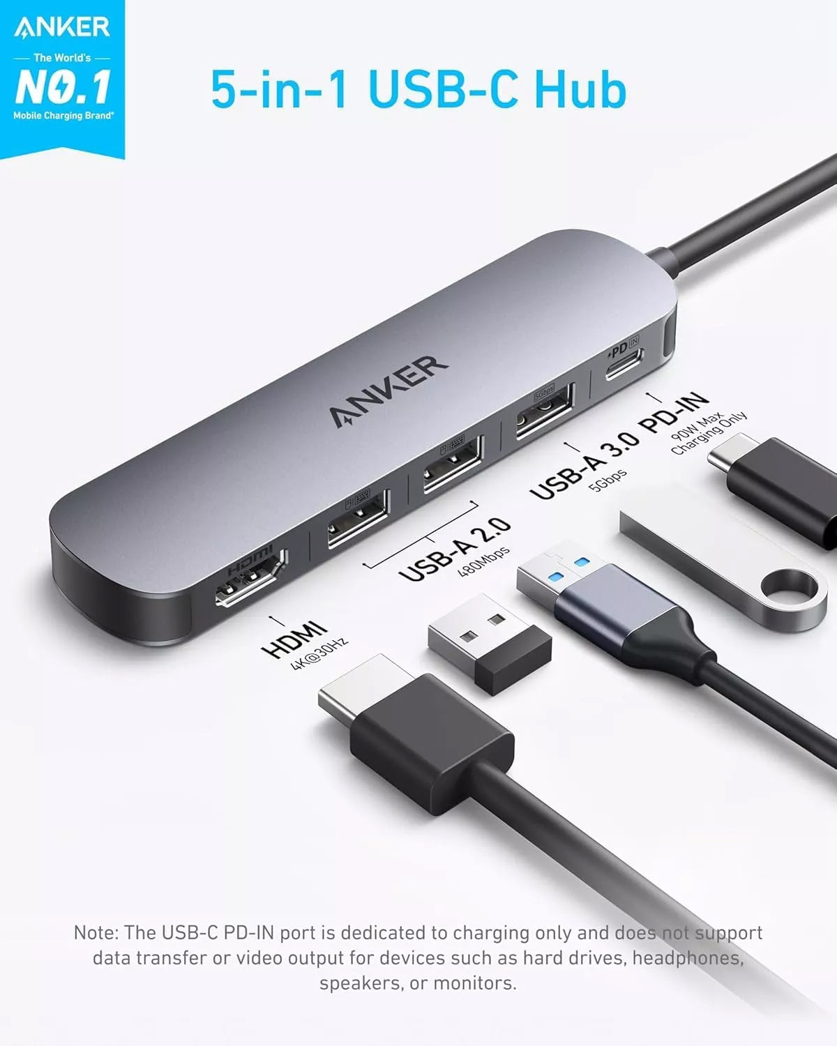 Hub USB-C Anker, 2 x USB-A - 1 x USB-A 3.0 - 1 x USB-C - 1 x HDMI, Gris A8357HA0