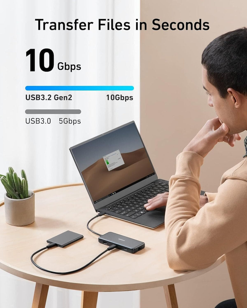 Hub USB-C Anker 555, 2 x USB-A 3.2 - 2 x USB-C - 1 x HDMI - 1 x RJ45 - 1 x SD - 1 x microSD, Gris A83830A2