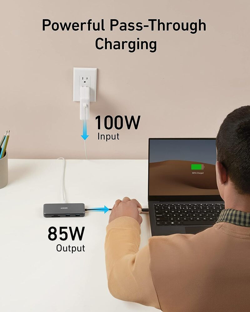 Hub USB-C Anker 555, 2 x USB-A 3.2 - 2 x USB-C - 1 x HDMI - 1 x RJ45 - 1 x SD - 1 x microSD, Gris A83830A2