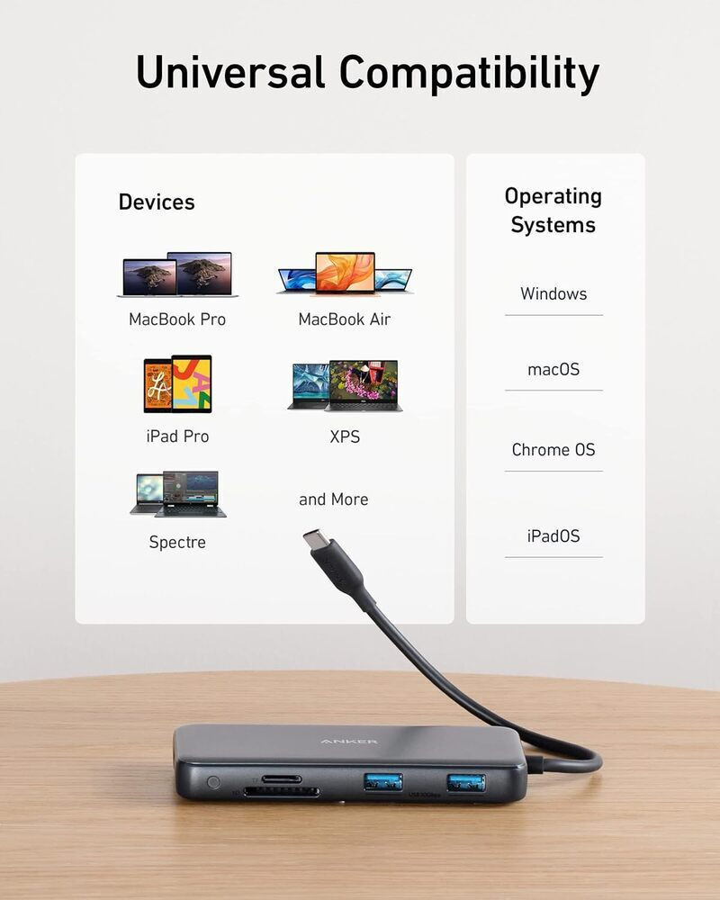 Hub USB-C Anker 555, 2 x USB-A 3.2 - 2 x USB-C - 1 x HDMI - 1 x RJ45 - 1 x SD - 1 x microSD, Gris A83830A2