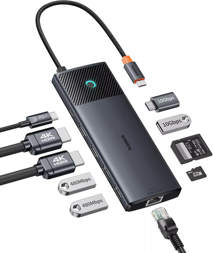 Hub USB-C Baseus Dual Display, 1 x USB-A 3.0 - 2 x USB-A - 2 x USB-C - 2 x HDMI - 1 x RJ45 - 1 x SD - 1 x microSD, Negro B00061800123-01
