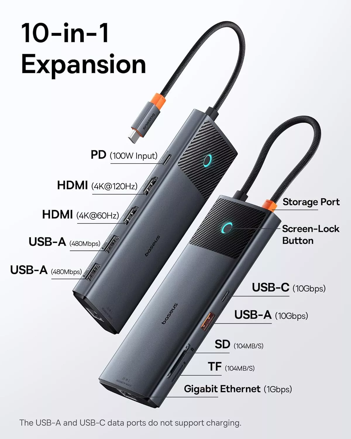 Hub USB-C Baseus Dual Display, 1 x USB-A 3.0 - 2 x USB-A - 2 x USB-C - 2 x HDMI - 1 x RJ45 - 1 x SD - 1 x microSD, Negro B00061800123-01