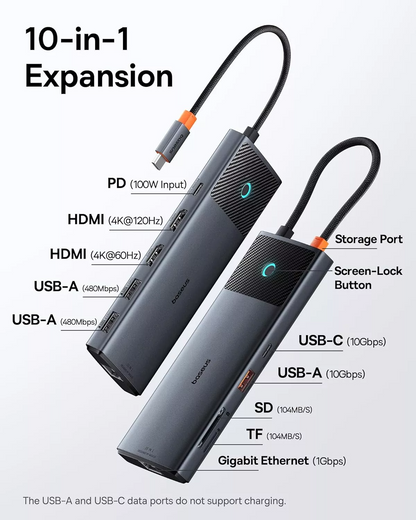 Hub USB-C Baseus Dual Display, 1 x USB-A 3.0 - 2 x USB-A - 2 x USB-C - 2 x HDMI - 1 x RJ45 - 1 x SD - 1 x microSD, Negro B00061800123-01
