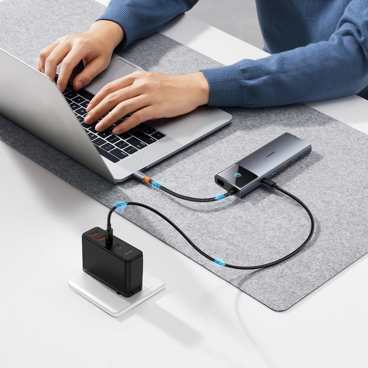 USB-C Hub Baseus Metal Gleam II, 2 x USB-C - 3 x USB-A - 1 x HDMI - 1 x conector de 3,5 mm - 1 x RJ45 - 1 x SD - 1 x microSD, Gris