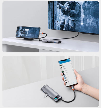 Hub USB-C Baseus Metal Gleam, 2 x USB-A 3.0 - 2 x USB-C - 1 x HDMI - 1 x SD - 1 x microSD, Gris WKWG020113