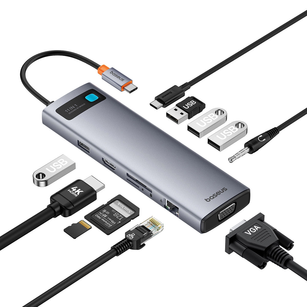 USB-C Hub Baseus Metal Gleam, 1 x USB-C - 3 x USB-A 3.0 - 1 x USB-A 3.0 - 1 x USB-A - 1 x HDMI - 1 x VGA - 1 x conector de 3,5 mm - 1 x RJ45 - 1 x SD - 1 x microSD, Gris