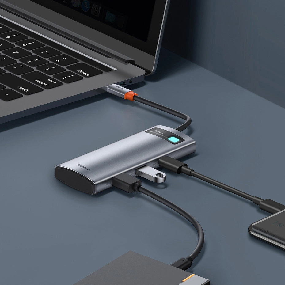 Hub USB-C Baseus Metal Gleam, 2 x USB-A 3.0 - 2 x USB-C - 1 x HDMI - 1 x SD - 1 x microSD, Gris WKWG020113