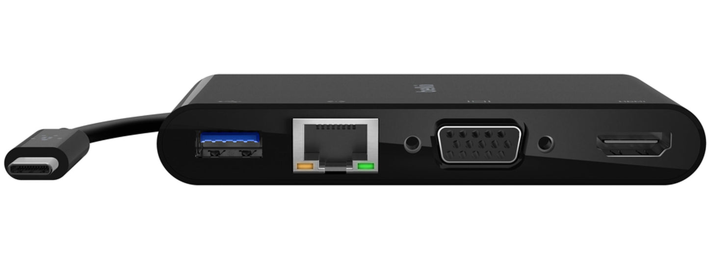 Hub USB-C Belkin Connect, 1 x USB-A 3.0 - 1 x HDMI - 1 x VGA - 1 x RJ45, Negro AVC005btBK