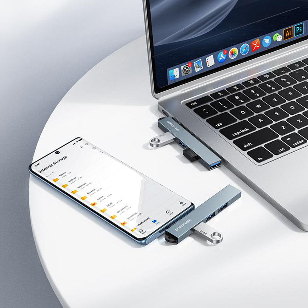Hub USB-C Borofone FH1A, 4en1, Gris