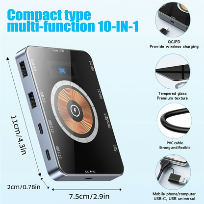 Hub USB-C con Carga Inalámbrica QI OEM YC7209, 10en1, Gris