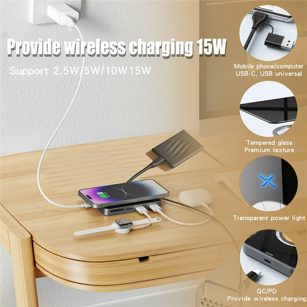 Hub USB-C con Carga Inalámbrica QI OEM YC7209, 10en1, Gris